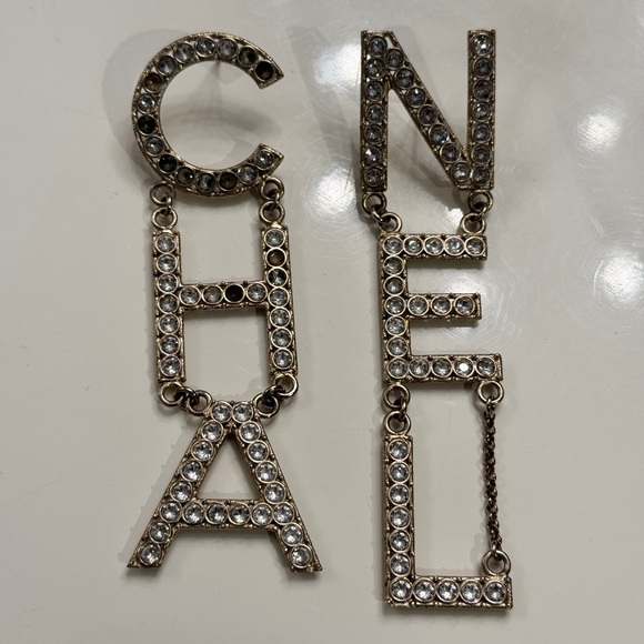 CHANEL Silver Crystal Letter Drop Earrings - Picture 1 of 7